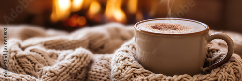 Cozy winter concept with a steaming mug of coffee wrapped in a knitted sweater, warm fireplace background, and space for text on right