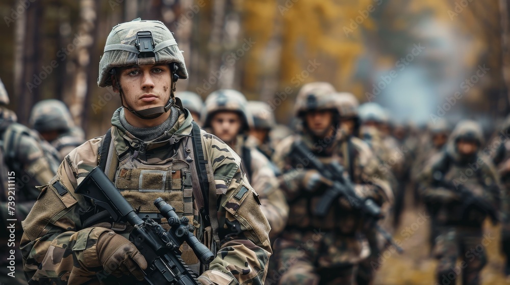 An intimidating group of soldiers stands ready for battle, their human faces obscured by camouflage and helmets, armed with a variety of weapons and dressed in military uniform
