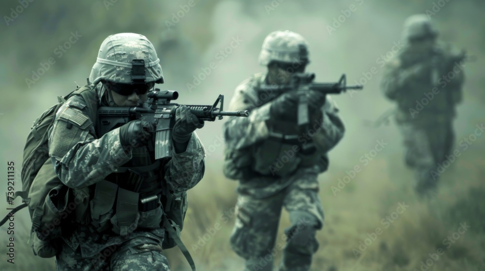 Armed and ready, a group of military soldiers stand united, their rifles aimed and camouflaged, prepared to defend their country with explosive weapons and precision shooting