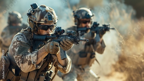 An army troop in camouflage wields an array of weapons, their helmets and ballistic vests gleaming in the sun, ready to engage in combat with their rifles, machine guns, and sniper rifles