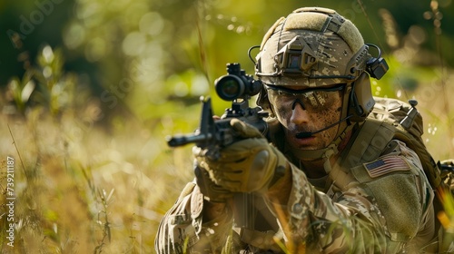 A concealed soldier blends into the natural landscape, armed with a powerful rifle and ready for combat