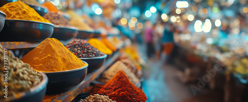 Vibrant spice market display featuring mounds of turmeric, chili, and various spices, with blurred multicultural shoppers in background; ideal for culinary themes with space for text  photo