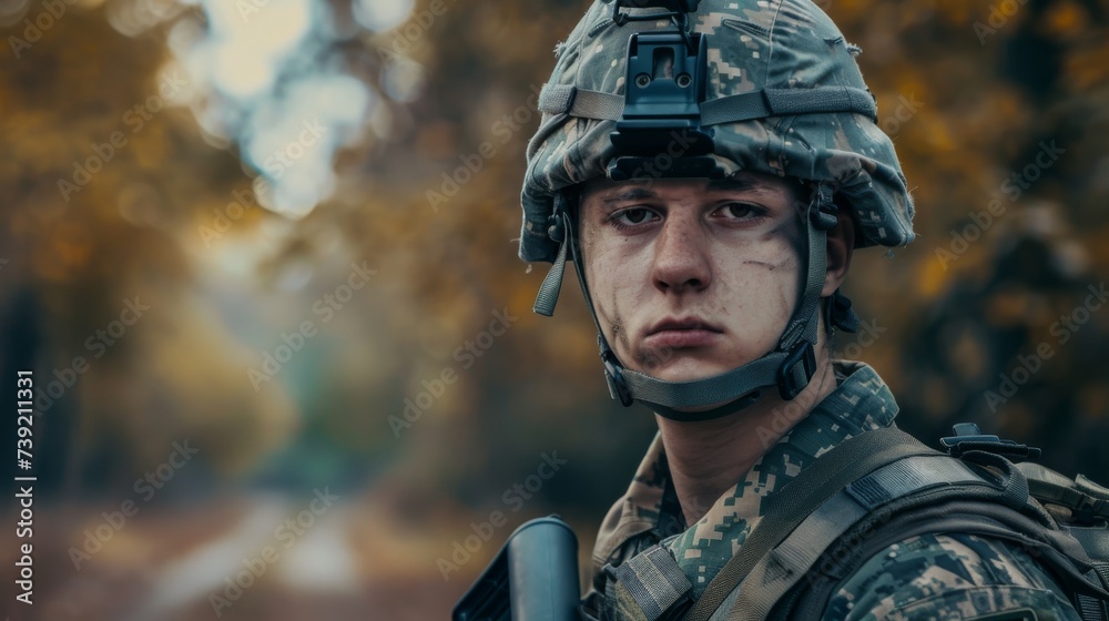A stoic military officer stands proudly in his camouflage uniform, helmet on his head and weapon in hand, ready to defend his country and serve his fellow soldiers in the outdoor battlefield A stoic military officer stands proudly in his camouflage uniform, helmet on his head and weapon in hand, ready to defend his country and serve his fellow soldiers in the outdoor battlefield