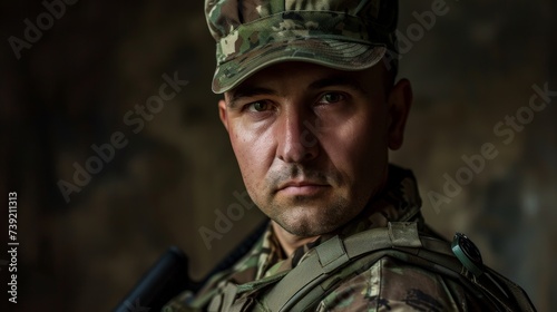 A stern-faced soldier dons his military uniform, complete with camouflage and ballistic vest, embodying strength and bravery as he stands ready to defend his country