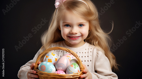 Cute little girl holding a wicker basket with Easter eggs. Easter holiday, mult colored eggs photo