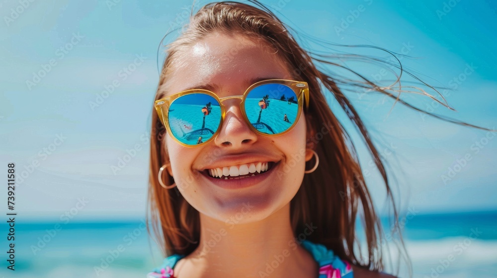 A fashionable woman enjoys her summer vacation while sporting trendy sunglasses, showcasing a beaming smile and soaking up the warm sun and beautiful beach scenery