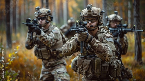 A camouflaged squad of soldiers armed with rifles and machine guns, wearing military uniforms and ballistic vests, stand ready for combat in the great outdoors