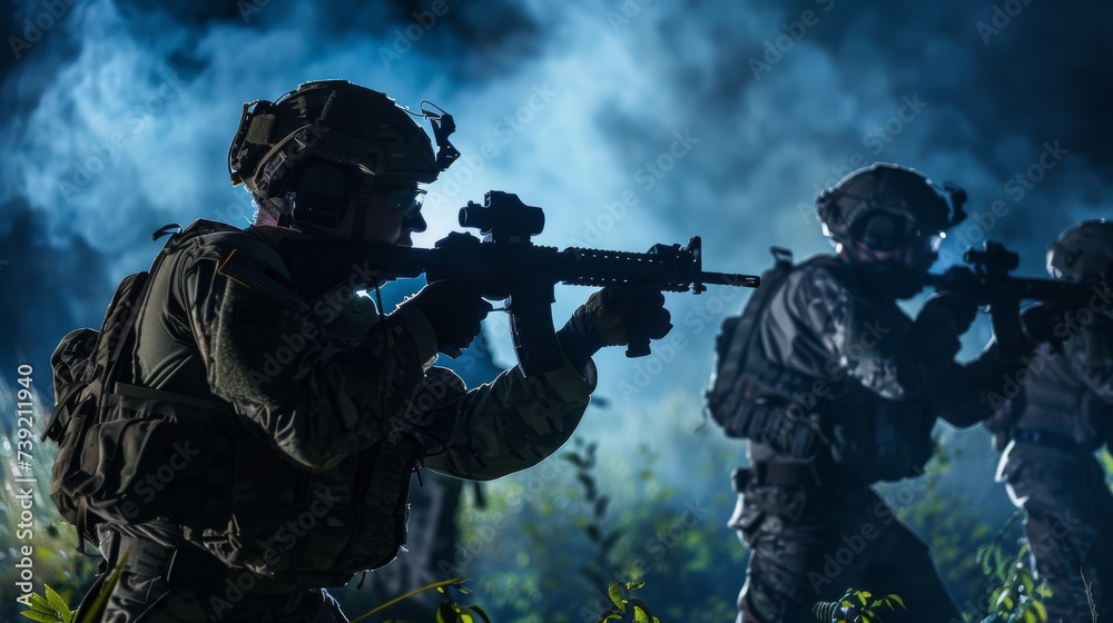 Naklejka premium A fierce group of soldiers clad in military uniforms wielded their deadly weapons, including assault rifles and machine guns, in a rugged outdoor setting, showcasing their training and bravery as the