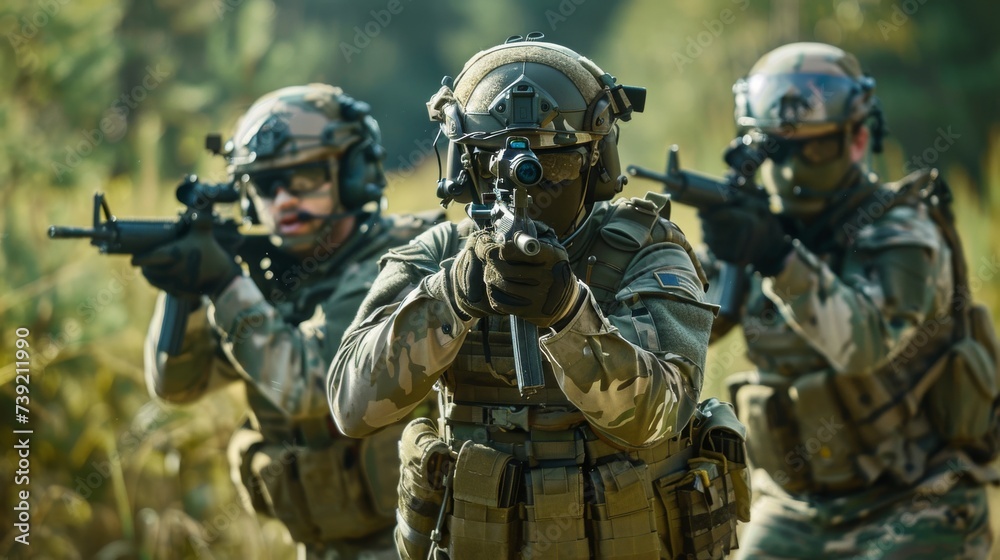 An intimidating group of soldiers armed with weapons and dressed in military uniforms stand ready for combat in a rugged outdoor setting An intimidating group of soldiers armed with weapons and dressed in military uniforms stand ready for combat in a rugged outdoor setting