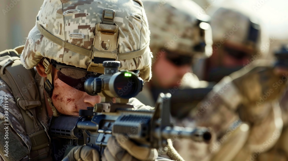 A determined soldier, clad in full military gear and armed with a rifle, takes aim with steely determination in the midst of a chaotic battlefield A determined soldier, clad in full military gear and armed with a rifle, takes aim with steely determination in the midst of a chaotic battlefield