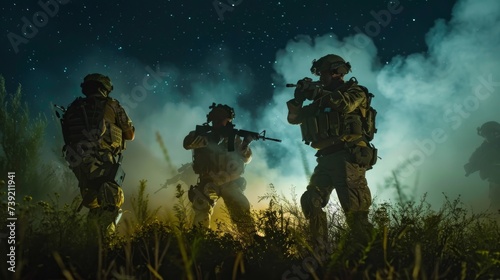 In the midst of a dark and dangerous night, a group of soldiers stand in the grass, their weapons at the ready, embodying the raw and brutal reality of violence