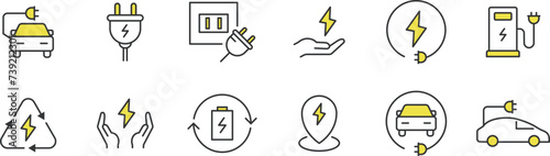 電気とエコカーに関するカラーの線画アイコンセット