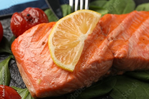 Tasty grilled salmon with tomatoes, spinach and lemon on plate, closeup