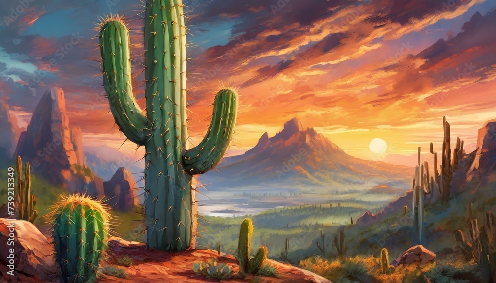 huge cactus in front of epic and colorful nature background, landscape