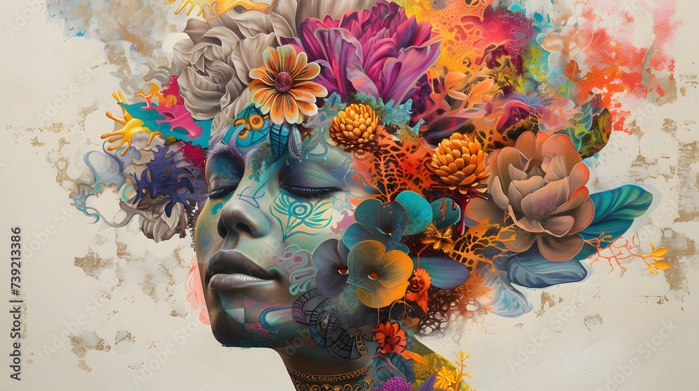 abstract artwork: portrait of a woman with coloful, flowery hair