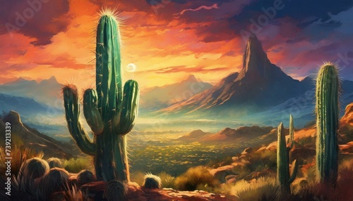 huge cactus in front of epic and colorful nature background, landscape photo