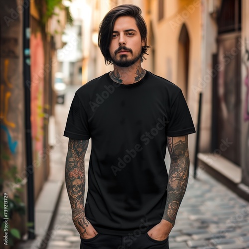 A young man with tattoos and a plain black t-shirt is on the street. Perfect for design and logo mockups