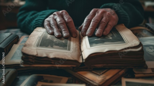 Hands browsing through old photographs in an album
