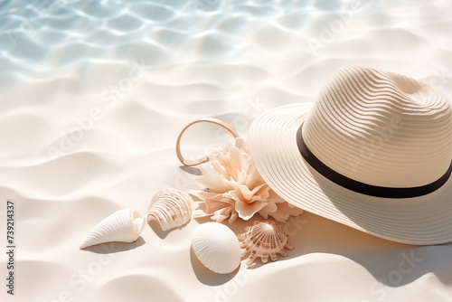 An elegant sunhat surrounded against a backdrop of soft white fabric and a sea view, invoking a beach resort feel, capturing the essence of a tranquil summer day.