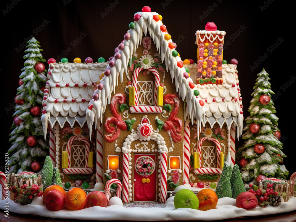 A festive gingerbread house with intricate details and colorful decorations on a snowy background.