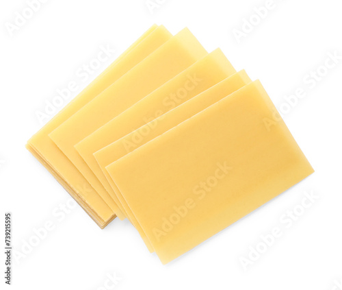 Stack of uncooked lasagna sheets isolated on white, top view