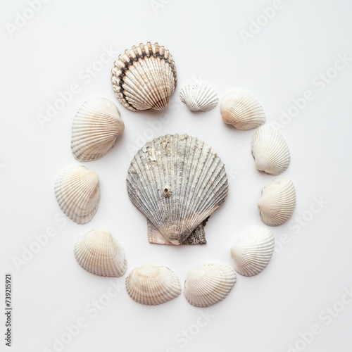 Flat lay still life seashell composition containing species of Cardiidae family on white background
