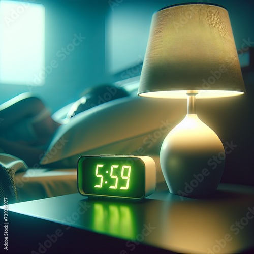 Early Morning Bedroom Scene with Glowing Digital Alarm Clock Showing 5:59 AM Next to a Bedside Lamp and Cozy Bedding photo