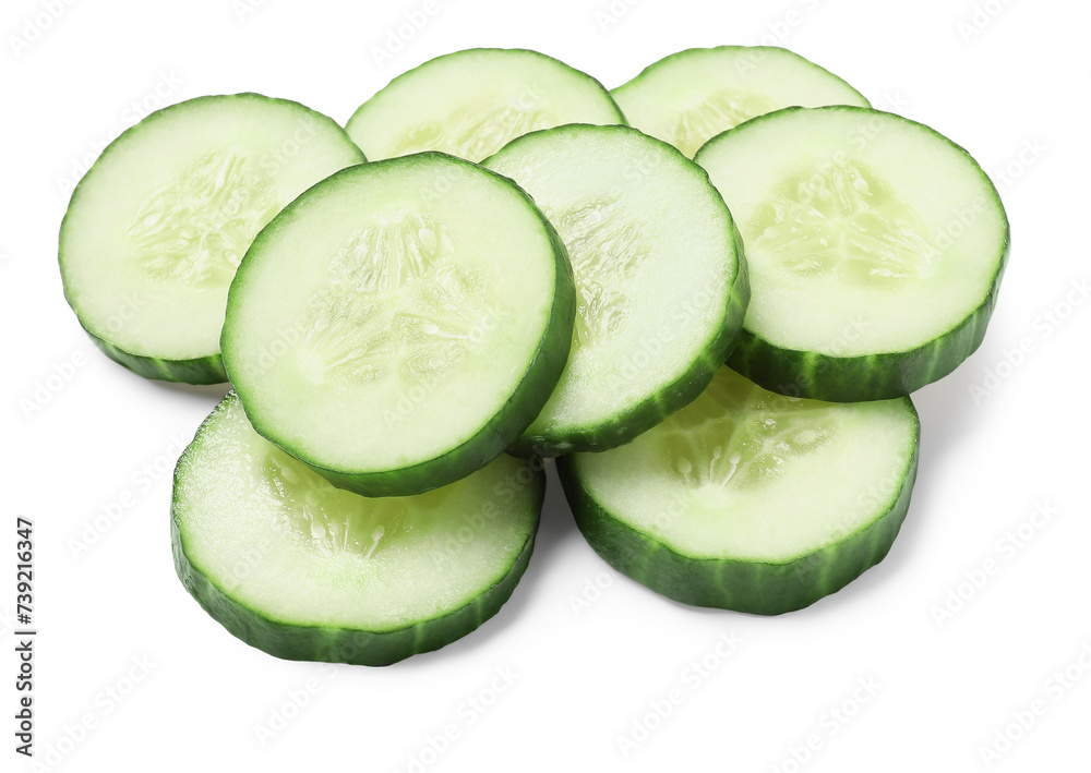 Slices of fresh cucumber isolated on white Slices of fresh cucumber isolated on white
