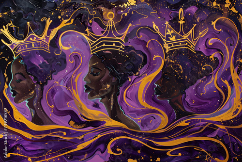 Abstract fluid art with the shape of an African woman. Deep purple, symbolizing royalty and wisdom, forms the base, adorned with swirling accents of gold and melanin tones. legacy of Black history. photo
