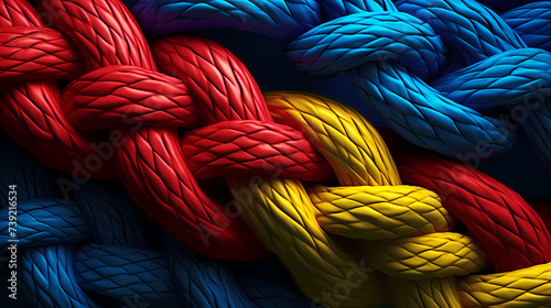 Many colorful ropes intertwined with each other