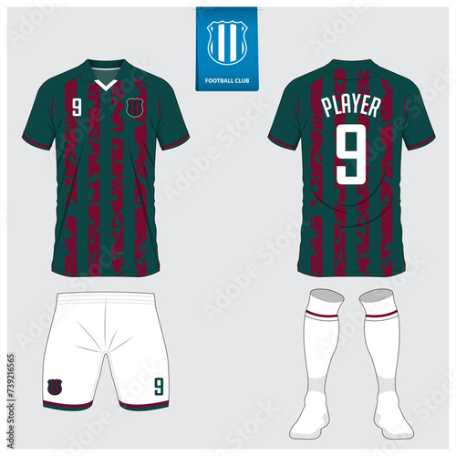 Soccer jersey or football kit mockup design for football club. Football shirt, short, sock template. Soccer uniform in front view, back view. Football logo in flat design.