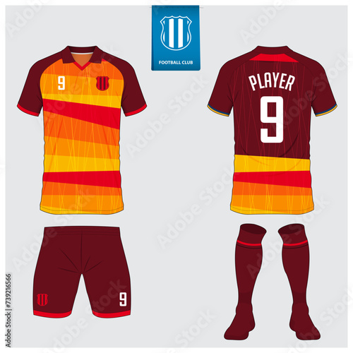 Soccer jersey or football kit mockup design for football club. Football shirt, short, sock template. Soccer uniform in front view, back view. Football logo in flat design.