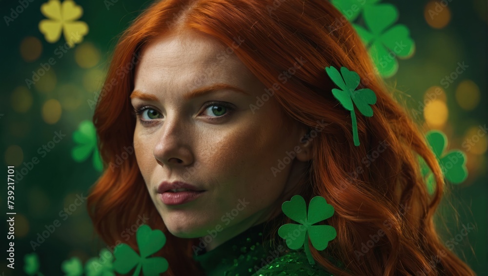 redhead woman with shamrocks on green background, st patrick's day redhead woman with shamrocks on green background, st patrick's day