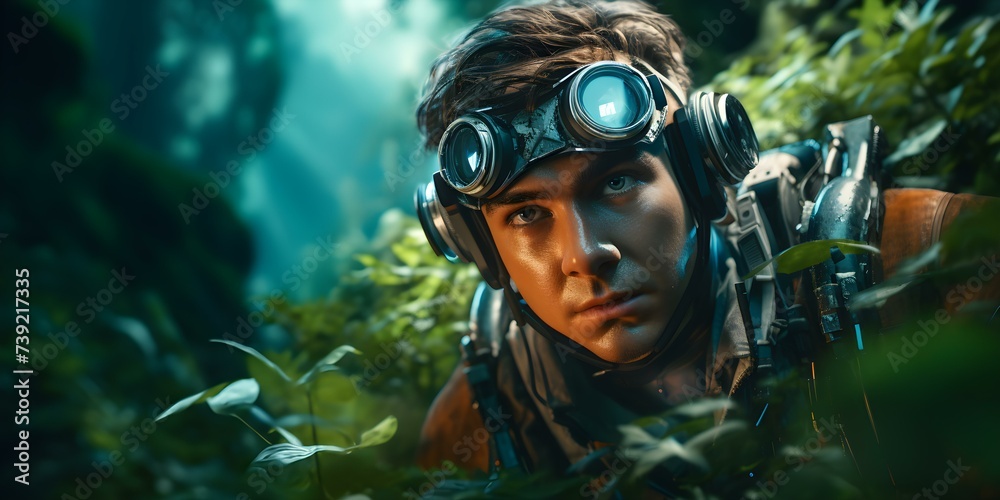 A futuristic jungle explorer cyborg navigates through a vibrant animated nature expedition. Concept Futuristic Technology, Jungle Exploration, Cyborg Adventure, Vibrant Animation, Nature Expedition
