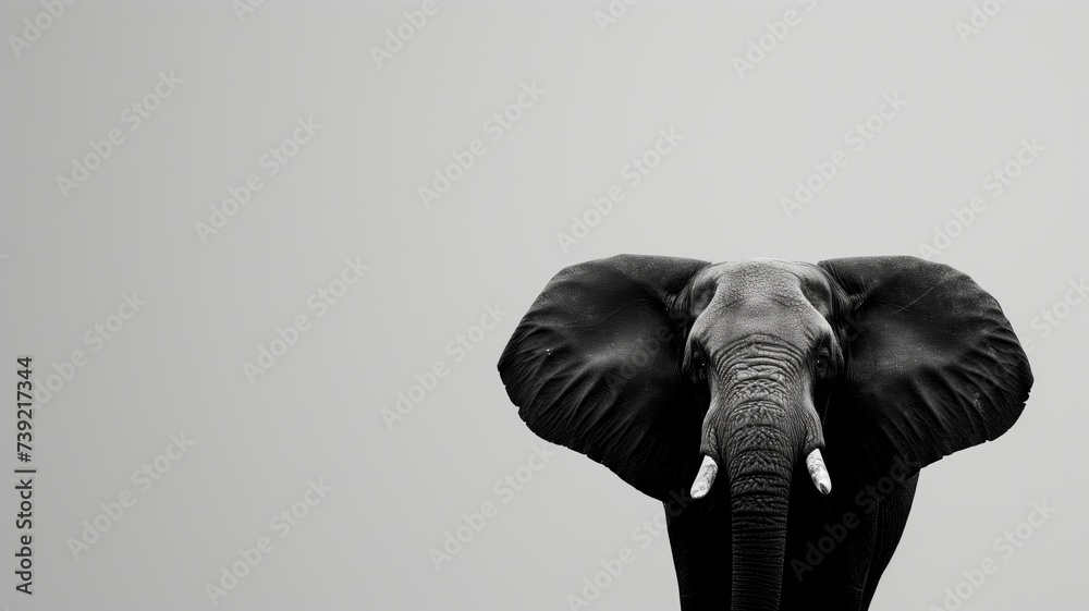 A black and white image of an elephant with its ears spread
