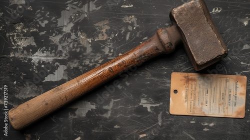 A vintage meat tenderizer and old identification tag on a dark background photo