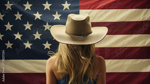 Young woman in a cowboy hat against the background of the American flag. USA Independence Day, July 4th. Patiotic Holiday photo