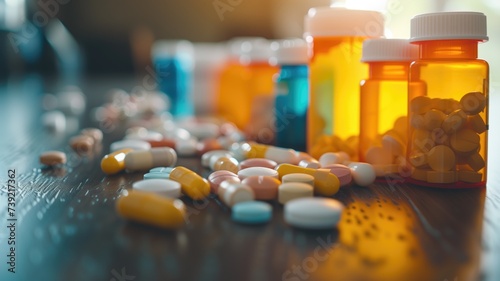 Assorted medication pills and tablets spilled in front of prescription bottles