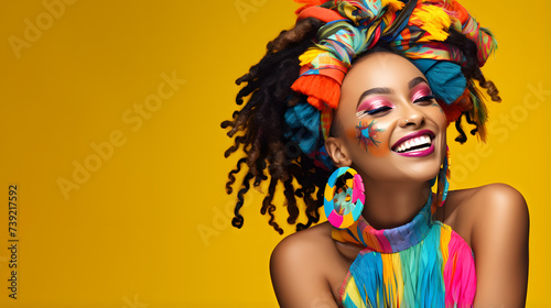Cheerful Woman Daydreaming in Carnival Attire - Ideal Weekend Vibes