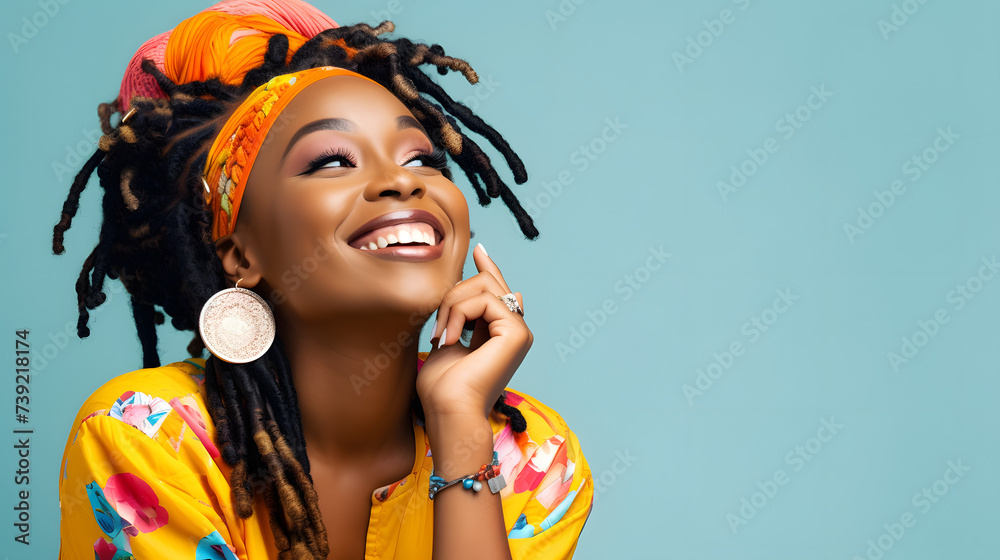 Joyful woman with dreadlocks, contemplating the perfect weekend in vibrant carnival attire - Ideal for lifestyle and leisure promotions. Joyful woman with dreadlocks, contemplating the perfect weekend in vibrant carnival attire - Ideal for lifestyle and leisure promotions.