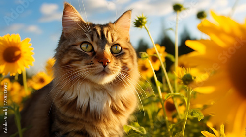 A cat in a sunflower field.