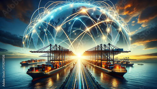 A dynamic image of a shipping port with cargo ships and cranes overlaid with a glowing digital mesh representing global trade networks at sunset.Logistics solutions in the future.AI generated. photo