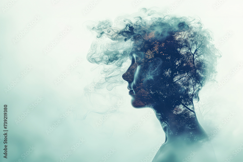 Illustration of Mental Health Concept. Double Exposure Image.