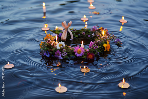 wreaths of wild flowers with candles float on the surface of the water at night.  photo