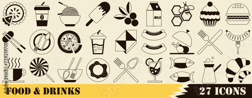 Set of 27 linear icons related to food and drinks. Abstract food and drink geometric pattern. Mosaic style. Collection of food icons. Vector illustration
