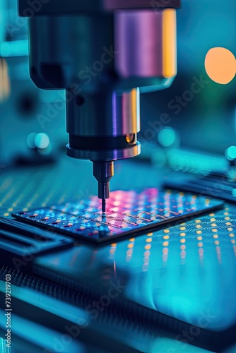 Computer chip manufacturing at fab. Semiconductor packaging process. Close-up of silicon die are being extracted from semiconductor wafer and attached to substrate by pick and place machine.