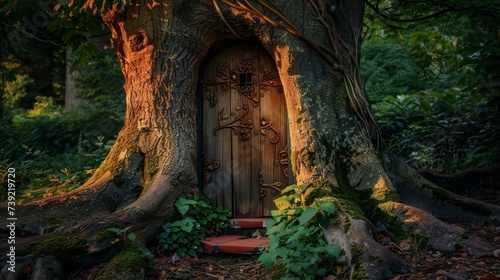 Gnome door at the base of an old tree gateway to wonders dusk mystery