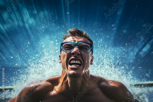 A Competitive Swimmer Showcasing Form and Focus in a Dynamic Freestyle Stroke, Set Against the Backdrop of a Swimming Arena. A Portrait of Dedication and Power. © Akash