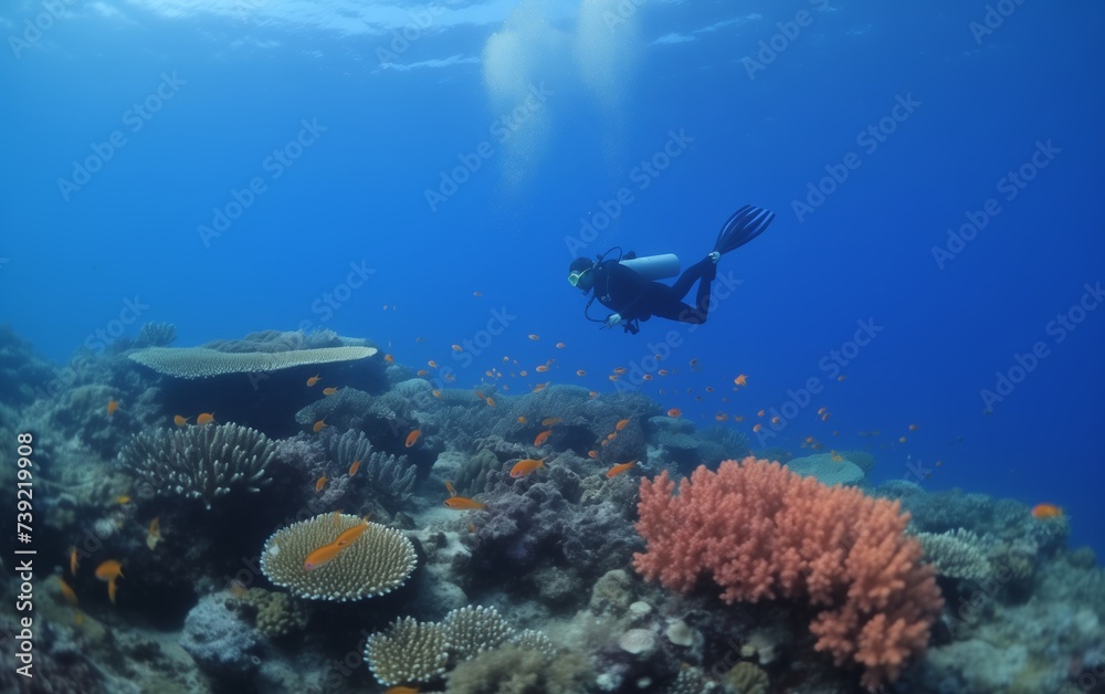 a diver caught a bright small fish underwater among the corals 