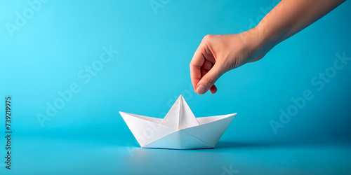 Hand and paper boat ideas in blue background with dream and hope side communication. Business, Comparison, Illustration, Investment, Development, 3D Rendering